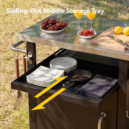 39.5 inch Outdoor Grill Cart with Storage Cabinet, Outdoor Bar Cart Pizza Oven Table with Wheels, Stainless Steel Top, Outdoor Kitchen Island with Spice & Paper Rack for BBQ, Waterproof Cover Included