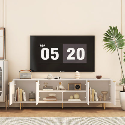 White Fluted 68 inch TV Stand with Storage Cabinets and Gold Legs
