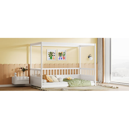 Twin Size Canopy Bed Frame with Guardrails for Kids,Floor Bed Twin with Four Poster Design,Kids Montessori Floor Bed,Wood Canopy Bed Frame for Girls,Boys(Twin,White)