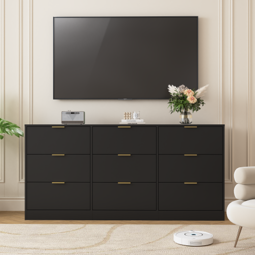 Black 9 Drawer Dresser, 63" Large Deep Chest of Drawers, Wooden Dresser Storage Cabinet with 9 Drawers for Bedroom, Long Dressers for Living Room, Hallway