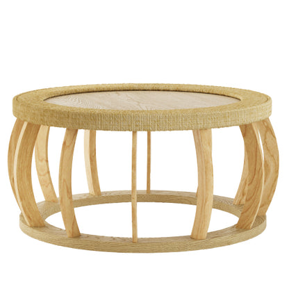 35.43inch  Round Vintage Rattan Coffee Table Solid Wood Boho Curved Leg Accent