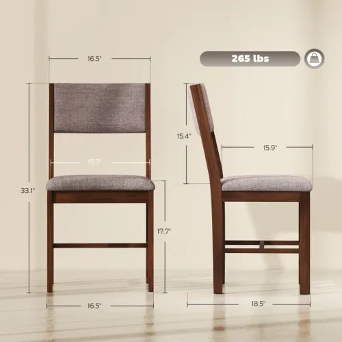 Set of 4 Light Brown Rubberwood Dining Chairs, Linen Fabric Upholstered Kitchen Chairs with H-Support
