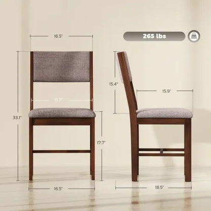 Set of 4 Light Brown Rubberwood Dining Chairs, Linen Fabric Upholstered Kitchen Chairs with H-Support