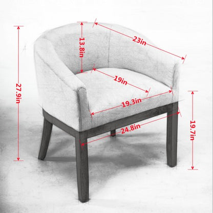 Single Beige Mid-Century Barrel Linen Arm Dining Chair, Farmhouse Style, Natural Rubberwood Frame