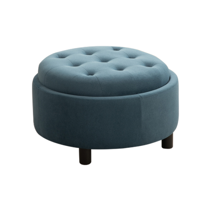 29.33 inch Blue Fleece Round Storage Ottoman, Hand Buckle Decor Reversible Lid Footstool, 300 LBS