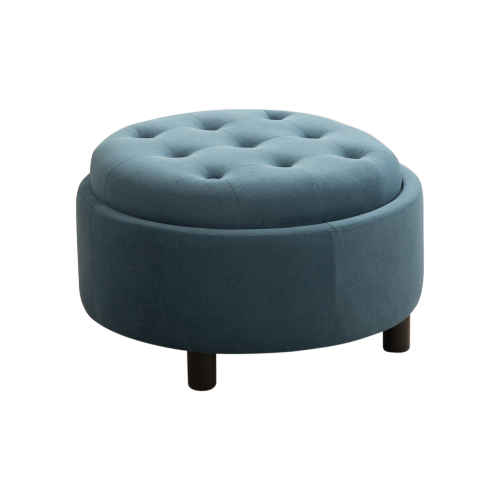 29.33 inch Blue Fleece Round Storage Ottoman, Hand Buckle Decor Reversible Lid Footstool, 300 LBS