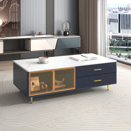Modern Blue Coffee Table with Glass Doors Drawers LED Lighting Gold Legs