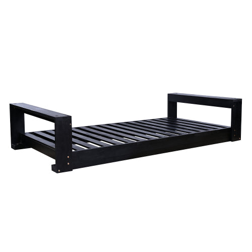 Twin Size Porch Swing Bed Seating Group, Patio Acacia Wood Swing Frame with Hemp Ropes for Garden, Backyard, Black