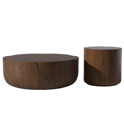 Round Outdoor Indoor Coffee Table Set, Modern Wood Grain Drum Center Table Set, Sturdy MGO (Magnesium Oxide) Waterproof, No-Assembly Table for Patio, Garden, Backyard, Living Room,Brown(Set of 2)