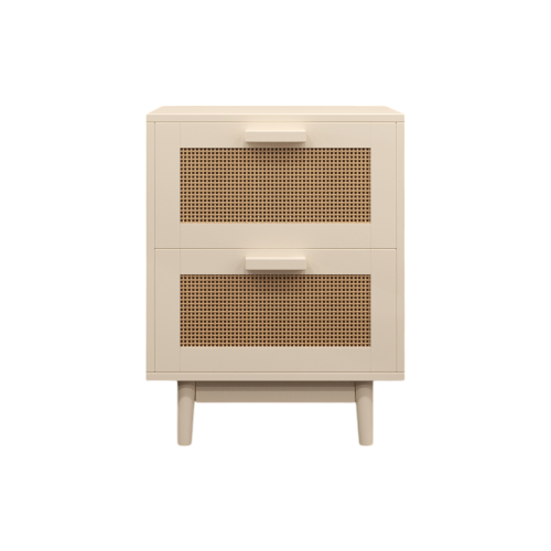Rattan Nightstand, Wood End Table, Side Table with 2 Faux Rattan-Decorated Drawers, Bedside Table,Wood Accent Table with Storage for Livingroom, Bedroom,Burly wood