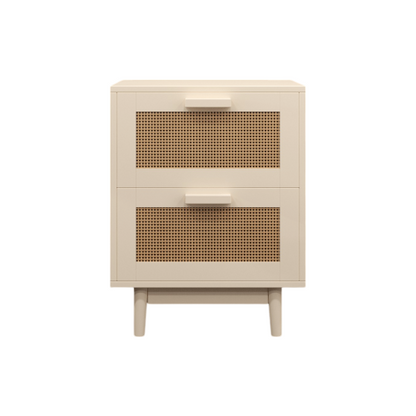Rattan Nightstand, Wood End Table, Side Table with 2 Faux Rattan-Decorated Drawers, Bedside Table,Wood Accent Table with Storage for Livingroom, Bedroom,Burly wood