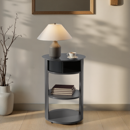 3-Tier Metal Round Side Table with Cabinet, Matte Black