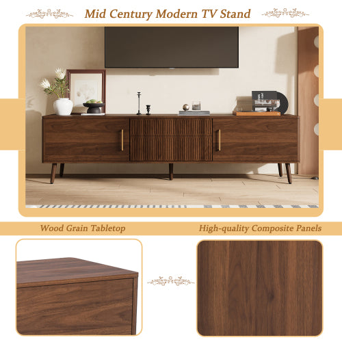 70.8 Inch Walnut Mid-Century Wood Grain TV Stand 2 Drawer Media Console Up To 80 Inch TV