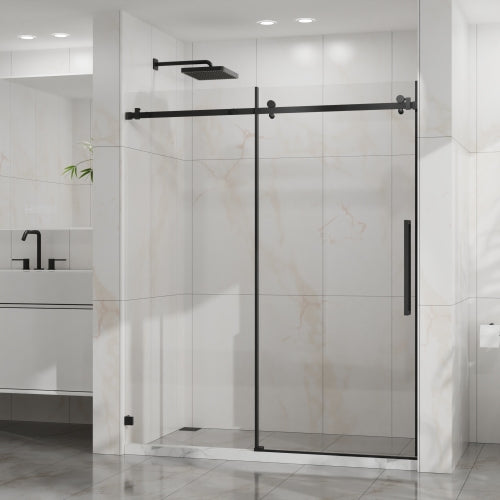 Goodyo 60" W x 72" H Sliding Shower Door, Frameless Sleek Glass Shower Door, 1/4" (6mm) Thick Tempered Clear Glass with Easy-clean Coating, Stainless Steel Hardware, Matte Black