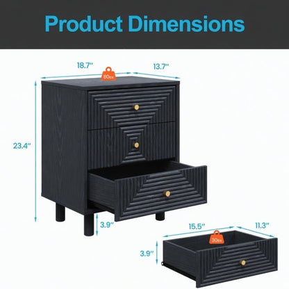 18.7inch Black Modern Nightstand, 3 Geometric Drawers with Gold Knobs & Solid Wood Legs