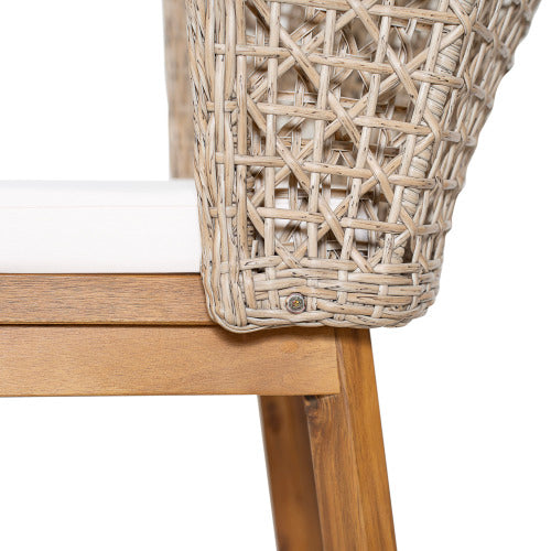 Outdoor Acacia Wood Bar Stools (Set of 2), Teak Finish Bar Height Chairs with Beige Cushion & Light Brown Wicker Back, Counter Height Stools for Patio, Poolside, Kitchen Island