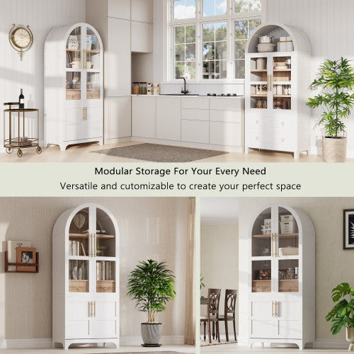71inch  Arched Kitchen Pantry Cabinet with Glass Doors White