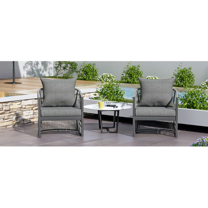 [Set of 2] Modern Gray Curved Aluminum Lounge Chair with Stylish Rope-Weave Design and Cushioned Comfort, Perfect for Outdoor Living