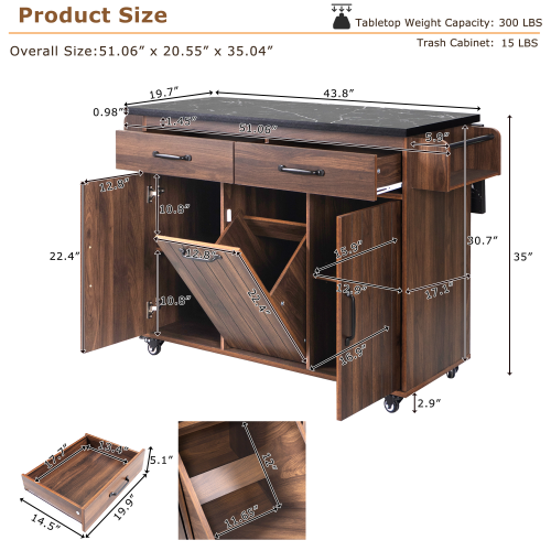 Walnut Brown Rolling Kitchen Island Cart With Trash Can Storage