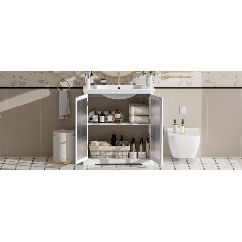 30" Modern Bathroom Vanity with Ceramic Sink, Bathroom Vanity Cabinet with Tempered Blurred Glass and Matte Black Handles, Equipped with Large Storage Space and Rubber Wood Frame, White