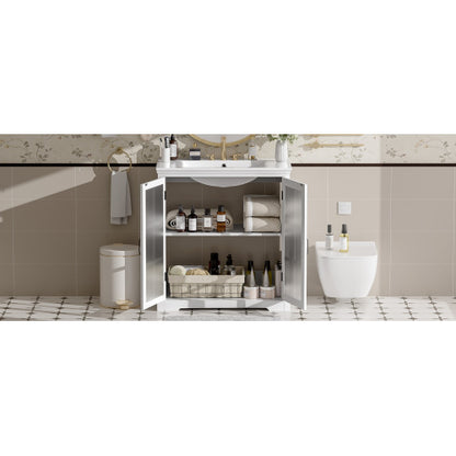 30" Modern Bathroom Vanity with Ceramic Sink, Bathroom Vanity Cabinet with Tempered Blurred Glass and Matte Black Handles, Equipped with Large Storage Space and Rubber Wood Frame, White