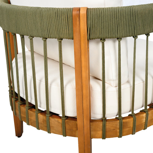 Acacia Wood Outdoor Club Chair with Handwoven Rope Accents & Curved Backrest - Water-Resistant Boho Patio Lounge Chair with Removable Cushions for Porch, Garden