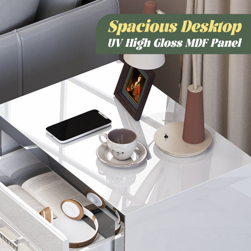 High Gloss Mirrored Nightstand with 2 Drawers,Modern End Table with Drawers,Mirrored High Gloss Wood Nightstand Metal Handle Bedside End Table for Bedroom, Dorm,Living Room,White