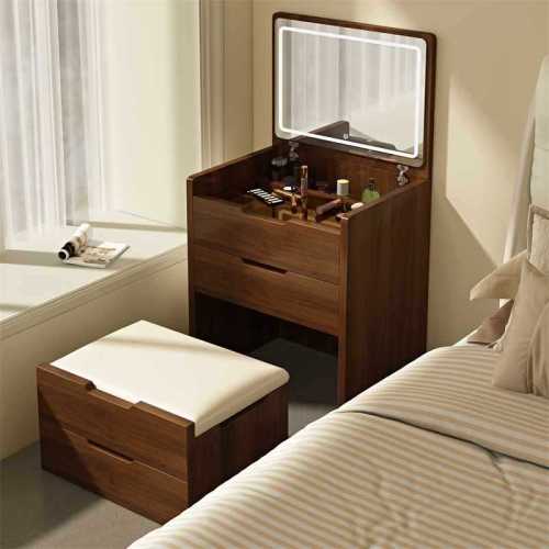 (60cm) 3 in 1 Vanity Desk with Plip Top Mirror, Small Make Up Vanity Set with Visible Glass Desktop, Compact Makeup Vanity with 3 Drawers, Dressing Table for Bedroom (Walnut Color)