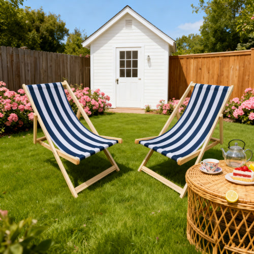populus wood sling chair blue Stripe Broad blue Stripe (color: Dark blue) folding chaise lounge chair-2PCS