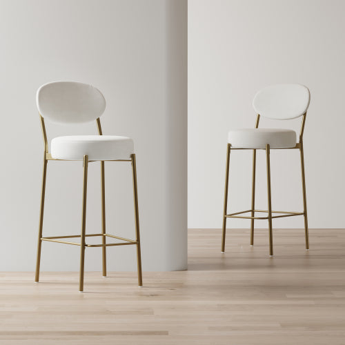29inch  Upholstered Bar Stools Velvet Counter Stool with Backrest & Footrest Set of 2 Round Dining Chairs for Kitchen(Creamy White)