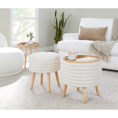 Set of 2 Storage Ottoman Faux Fur Accent Stools with Natural Wood Finish