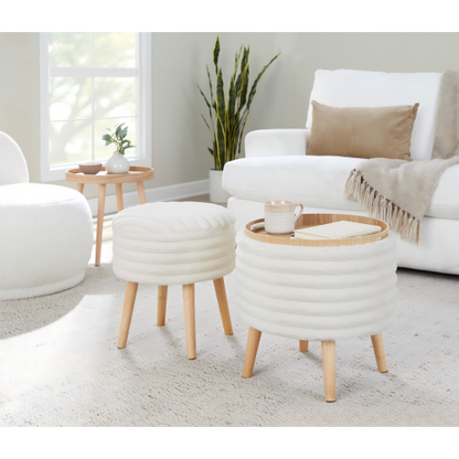 Set of 2 Storage Ottoman Faux Fur Accent Stools with Natural Wood Finish