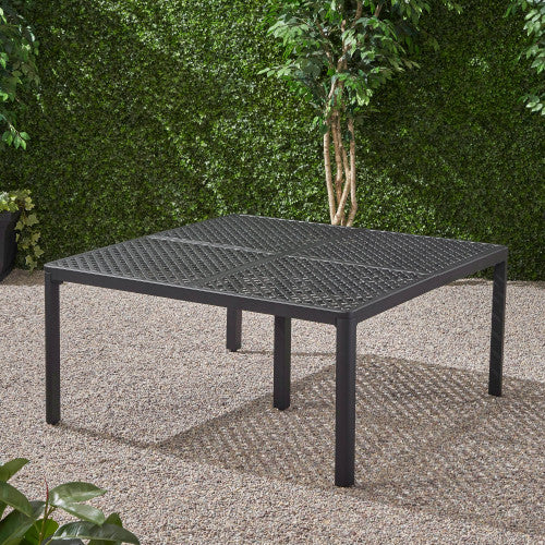 Outdoor Modern Aluminum Dining Table with Woven Accents, Antique Matte Black