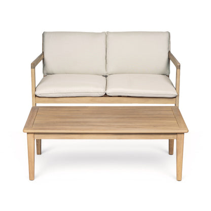 Outdoor Acacia Wood Loveseat with Coffee Table, Light Teak Frame, Beige Cushion