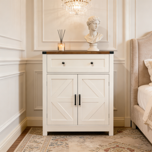 White & Wood-Grain Top Farmhouse Barn-Door Storage Cabinet, Coffee Bar Buffet Sideboard with Drawer for Kitchen & Living Room
