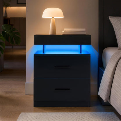 Black 2-Piece LED Nightstand Set with Fabric Drawers