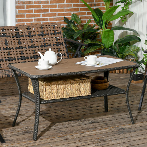 Outsunny Patio PE Rattan Coffee Table with Storage Shelf, Hand-Woven Wicker Outdoor Side Table, 2-Layer Storage Table with Wood-plastic Composite Top, for Garden, Porch, Backyard, Mixed Brown