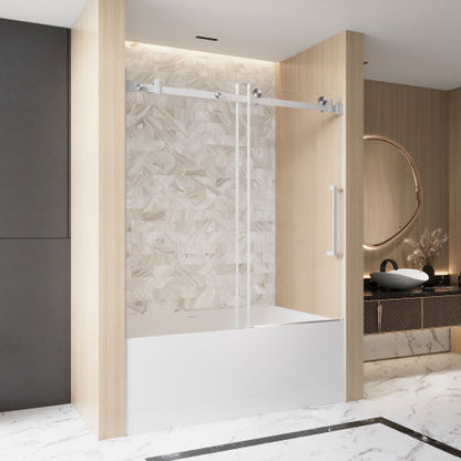 Frameless Single sliding shower door 56-60 "W x 60" H, 1/4 "(6 mm) Clear Tempered Glass, Explosion Proof Film, Stainless Steel Handle Square Tube Track ,Brushed Nickel