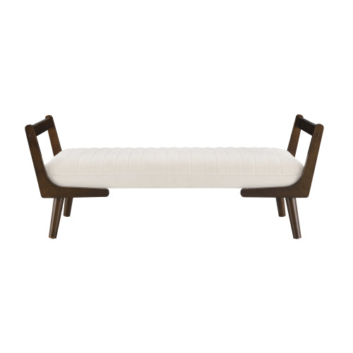 52 inch Beige Chenille Mid-Century Bench Ottoman, Walnut Wood Leg Upholstered Foot Stool, 300 LBS Capacity
