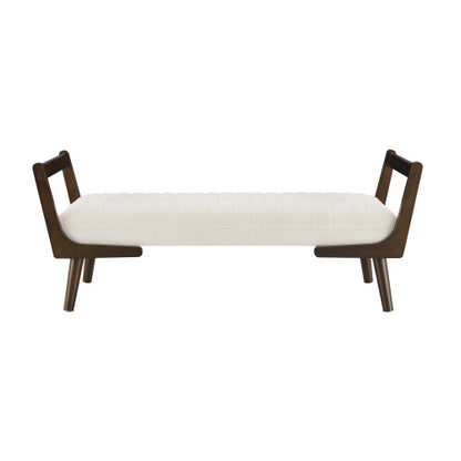 52 inch Beige Chenille Mid-Century Bench Ottoman, Walnut Wood Leg Upholstered Foot Stool, 300 LBS Capacity
