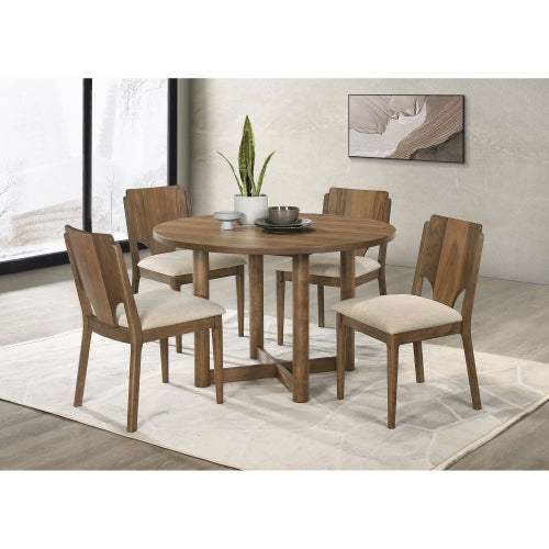 Set of 2 Walnut Finish Dining Side Chairs, Wood Frame Chairs with Wedge Cutout Back & Beige Fabric