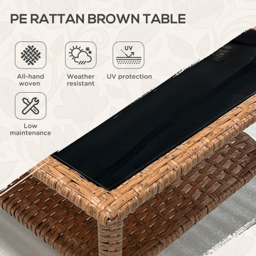Outsunny Rattan Side Table Outdoor End Table with Storage Shelf Aluminum Frame Tempered Glass Top