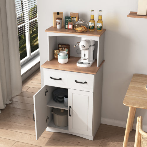 White Kitchen Pantry Cabinet with Microwave Shelf Drawer and Adjustable Storage