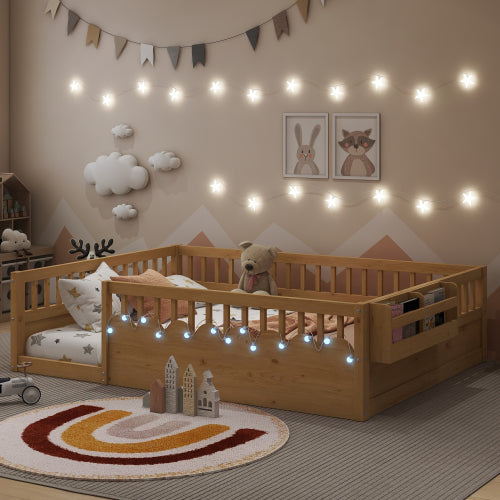 Full Montessori Floor Bed Frame with High Rails, Wood Kids Floor Beds with Light and Storage Shelf, Natural