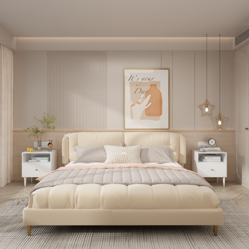 Modern White Nightstand with Drawer and Open Shelf, Bedside Table with Gold Knob, Solid Wood Legs, Small End Table for Bedroom, Living Room