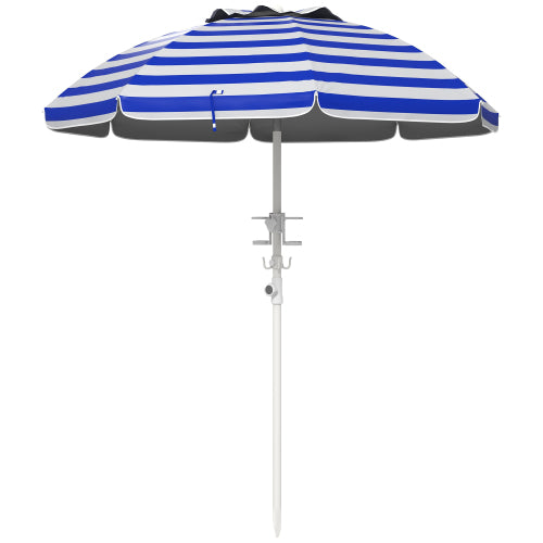 Outsunny 5.7' Portable Beach Umbrella with Tilt, Adjustable Height, 2 Cup Holders & Hooks, UV 40+ Ruffled Outdoor Umbrella with Vented Canopy, Blue White Stripe