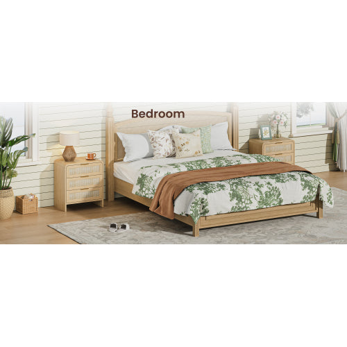 Rattan Nightstand 3 Drawers, 22.8inch  Wide Curved Wooden Bedside Table, Modern Storage for Bedroom, Natural Oak.