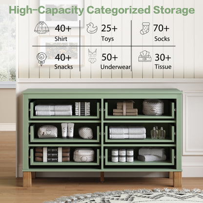 Sage Green 6-Drawer Modern Solid Wood Frame Bedroom Storage Dresser