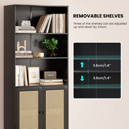 Tall Bookcase with Rattan Doors, 5-Tier Wood Storage Shelf, Black