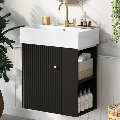 21.6inch Modern Floating Bathroom Vanity with Ceramic Basin Wave Pattern Door Side Storage Black